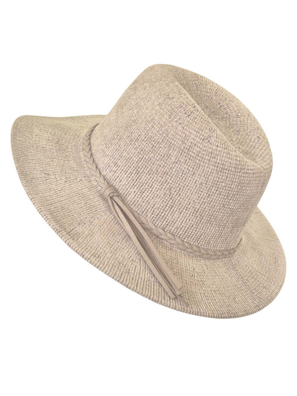 Soft Chenille Fedora Hat Beige Braided Tassel Band Boho Western OS Cottagecore - Picture 3 of 7